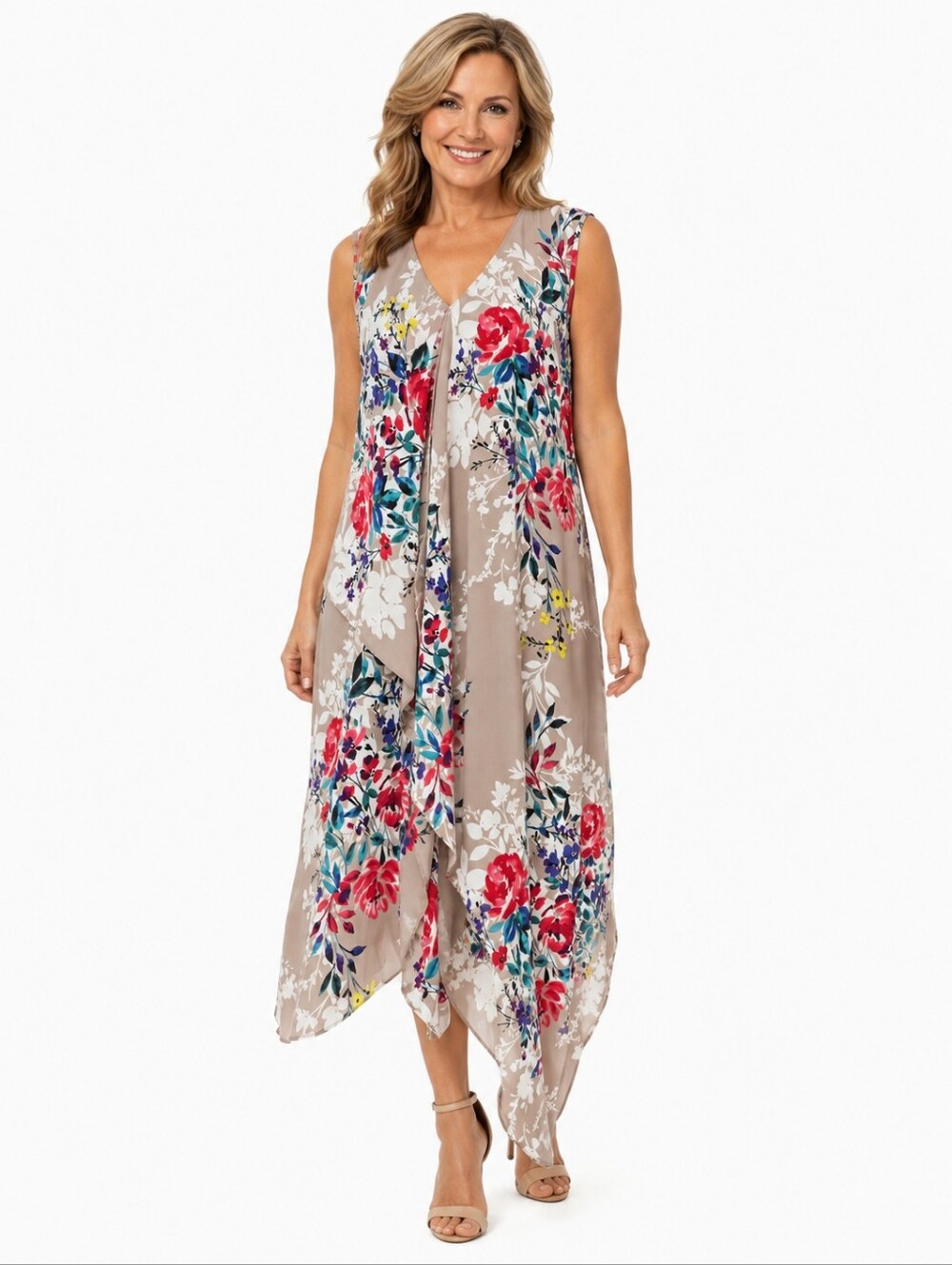 Adrianna Papell Floral Overlay Dress Size 12 Beige Sleeveless Midi
